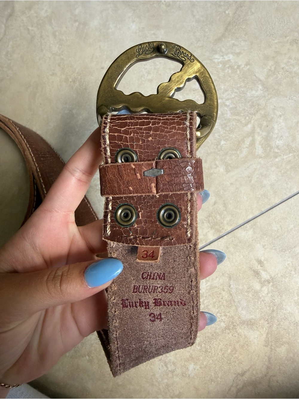 Lucky Brand Vintage Look Brown Leather Belt with Beaded Brass Circle Buckle - Picture 3 of 3